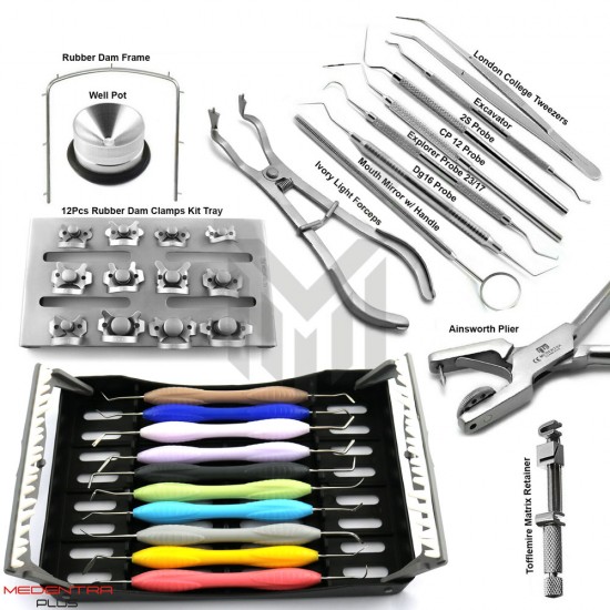 34Pcs Dental Rubber Dam Clamp Restorative Tray Kit
